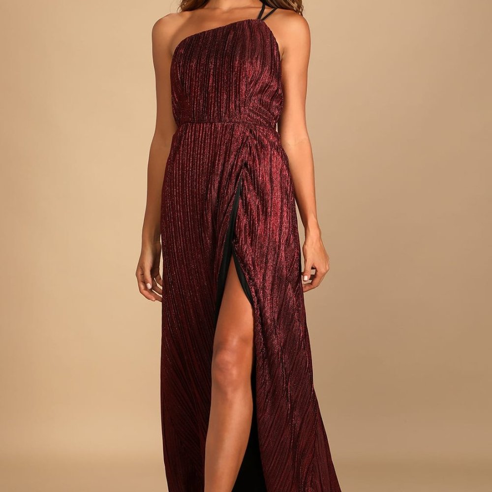 Lulus Get to the Groove Shiny Red Pleated One-Shoulder Maxi Dress